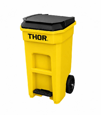 Контейнер с задними колёсами, крышкой и педалью, 120л Thor TRUST жёлтый